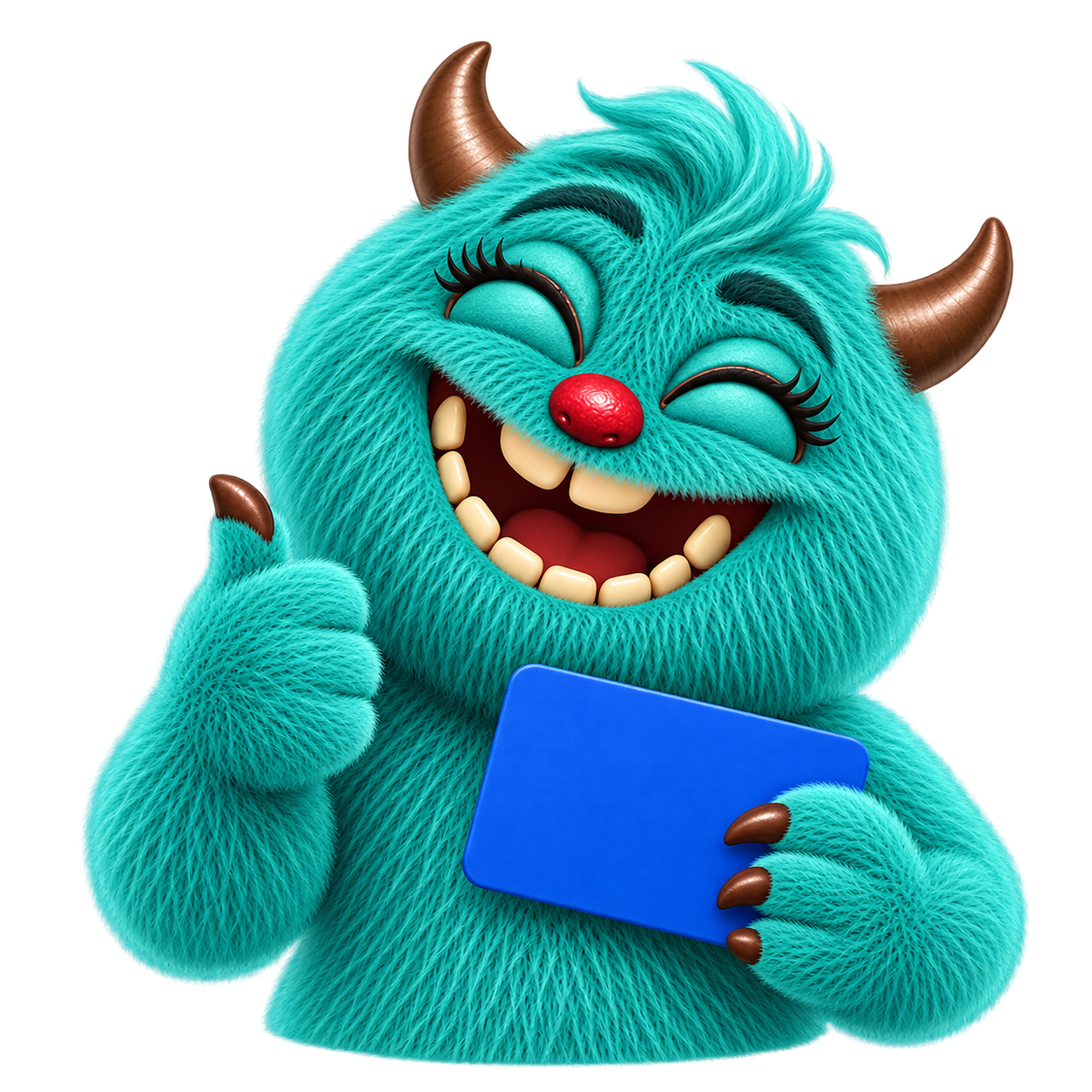 Een uitbundig lachend turquoise monster geeft een duim omhoog bij een blauw kaartje